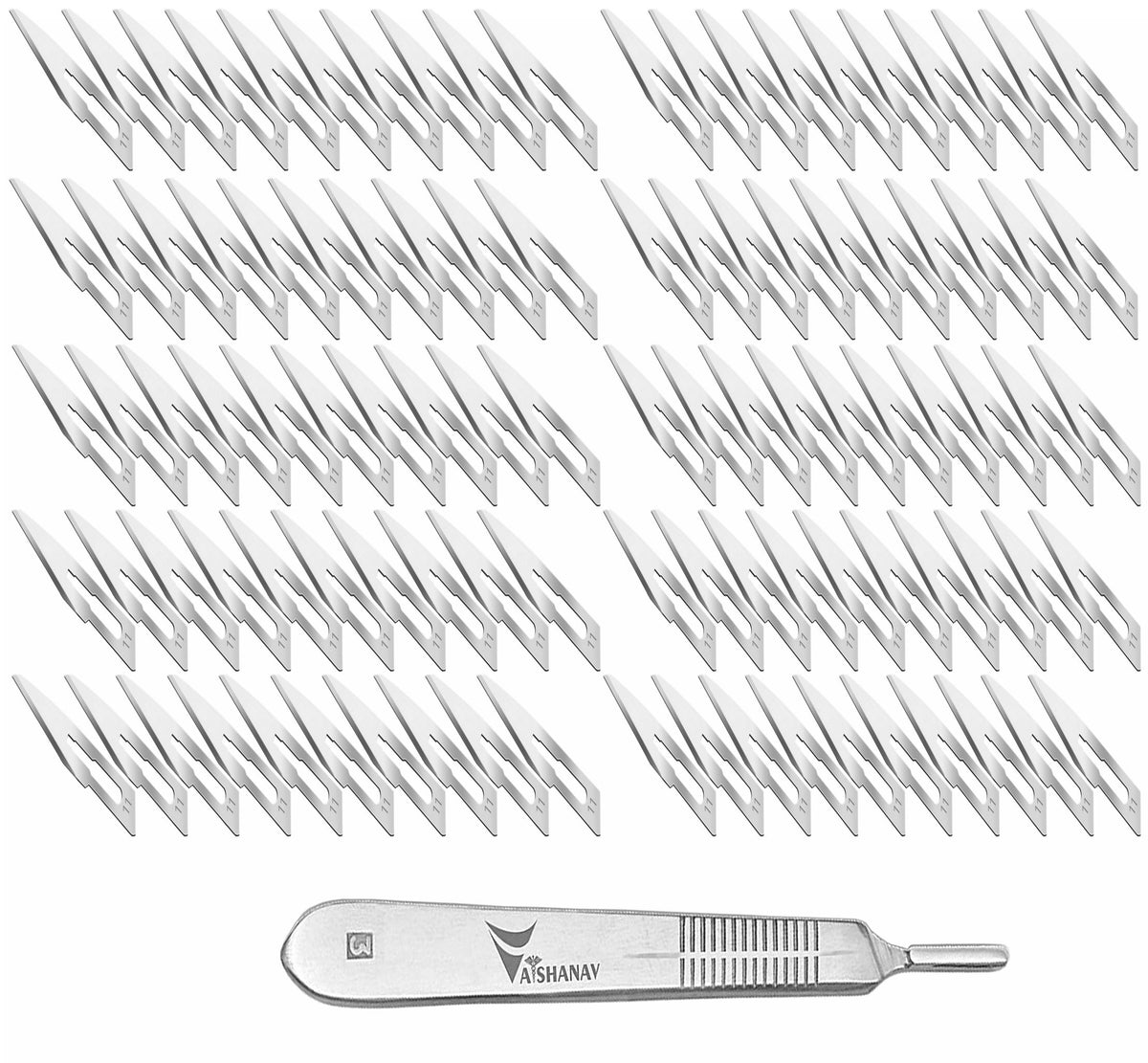 Vaishanav B.P. Blade No. 11 (Pack of 100) with Scalpel Handle No. 3 – Sterile Carbon Steel Surgical Blades & Stainless Steel Handle for Precision Surgery, Medical, Veterinary & Dissection