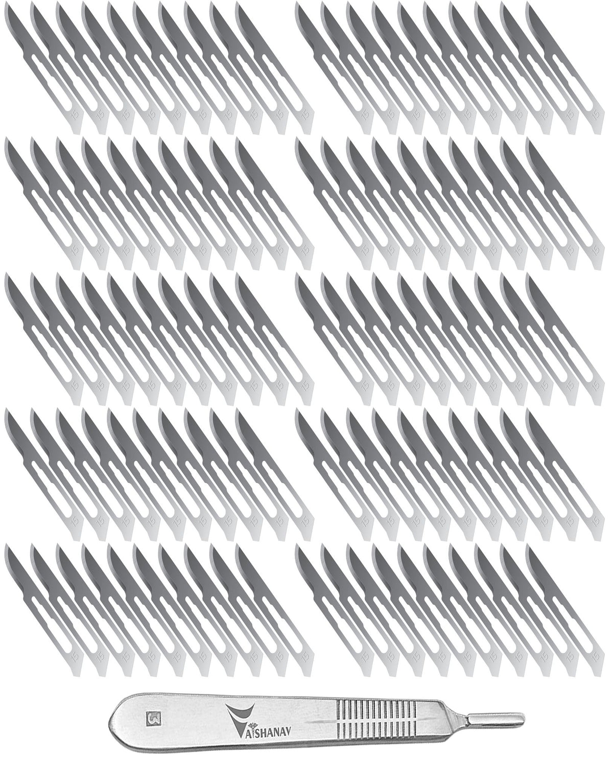Vaishanav B.P. Blade No. 15 (Pack of 100) with Scalpel Handle No. 3 – Sterile Carbon Steel Surgical Blades & Stainless Steel Handle for Precision Surgery, Medical, Veterinary & Dissection