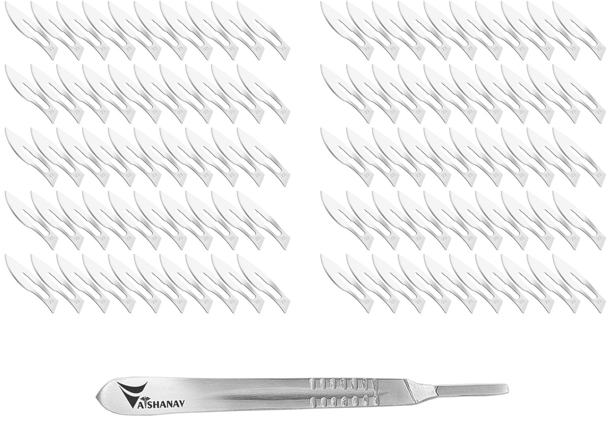 Vaishanav B.P. Blade No. 23 (Pack of 100) with Scalpel Handle No. 4 – Sterile Carbon Steel Surgical Blades & Stainless Steel Handle for General Surgery, Orthopedic, Medical, Veterinary & Dissection