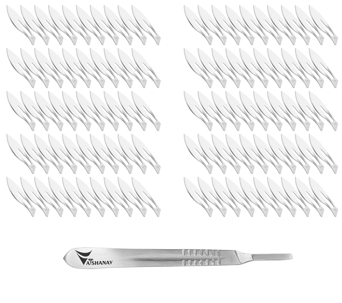 Vaishanav B.P. Blade No. 24 (Pack of 100) with Scalpel Handle No. 4 – Sterile Carbon Steel Surgical Blades & Stainless Steel Handle for General Surgery, Orthopedic, Medical, Veterinary & Dissection